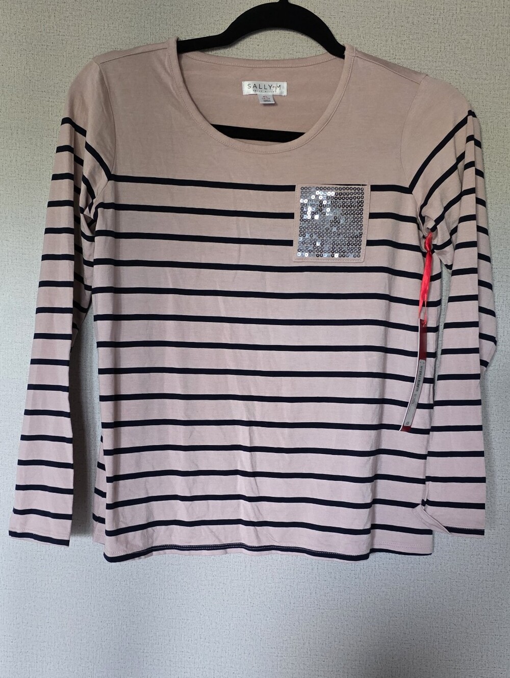 Sally Miller Pink & Black Striped Long Sleeve Top with Sequin Pocket